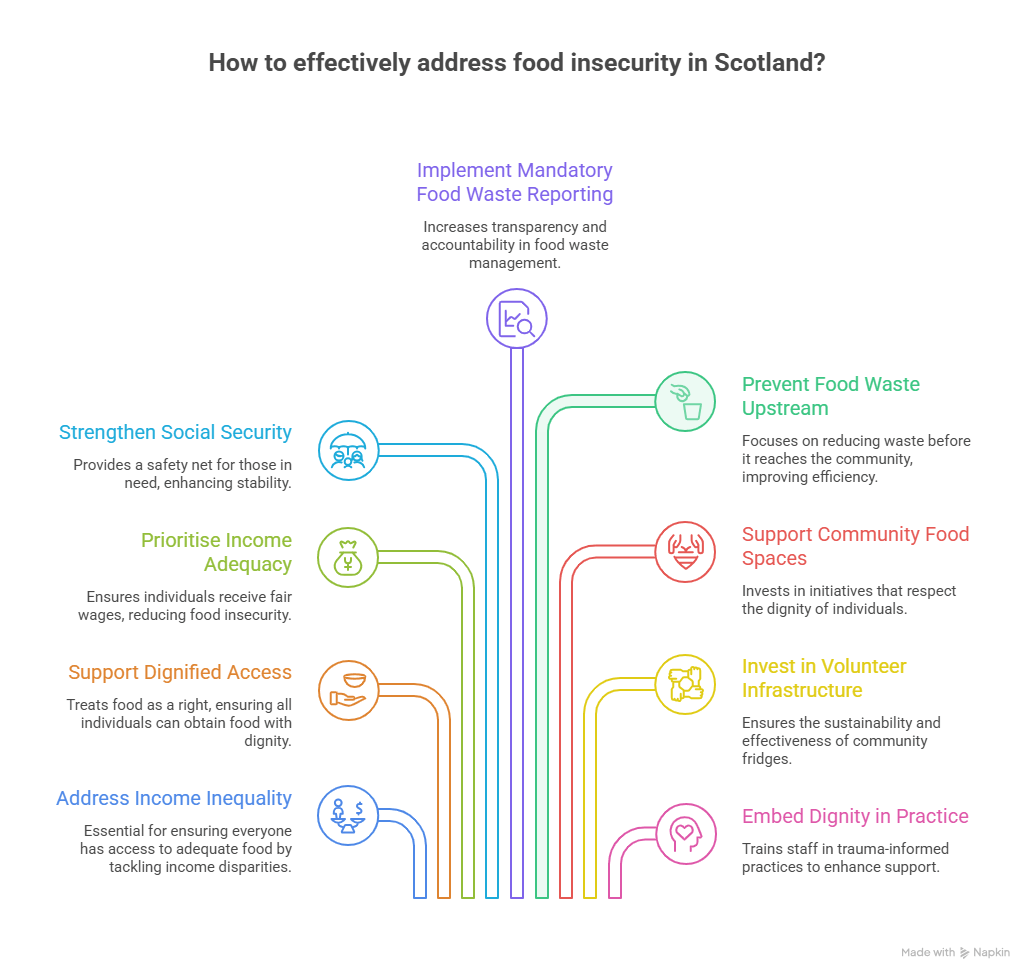 Diagram titled “How to effectively address food insecurity in Scotland?” listing actions: strengthen social security, prioritise income adequacy, support dignified access, address income inequality, implement mandatory food-waste reporting, prevent food waste upstream, support community food spaces, invest in volunteer infrastructure, and embed “Dignity in Practice”.