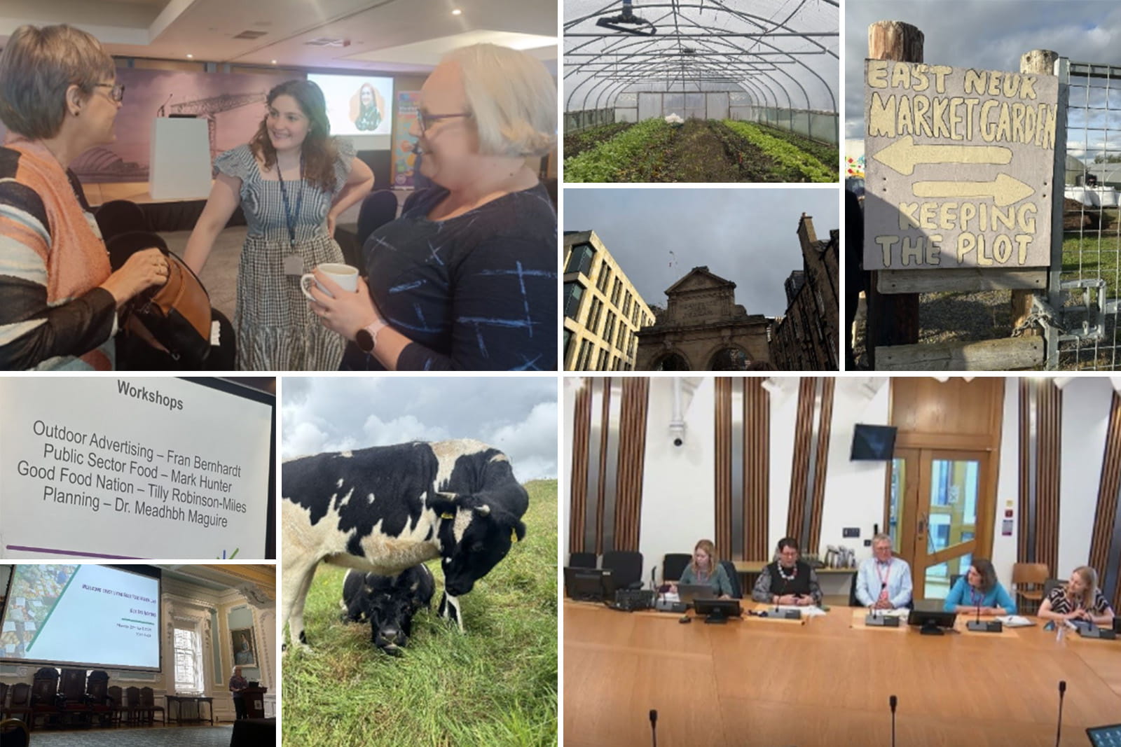 A collage of eight photos documenting the Living Good Food Nation Lab’s work so far: three people smiling and talking; rows of salad in a polytunnel; a streetscape with older and modern buildings including a former meat market; a wooden sign pointing to “East Neuk Market Garden” and “Keeping the Plot”; a projected slide listing workshops; five people seated at a table speaking into microphones; two cows in a grassy field; and a launch event at Surgeon’s Hall in Edinburgh with a person speaking at a podium.